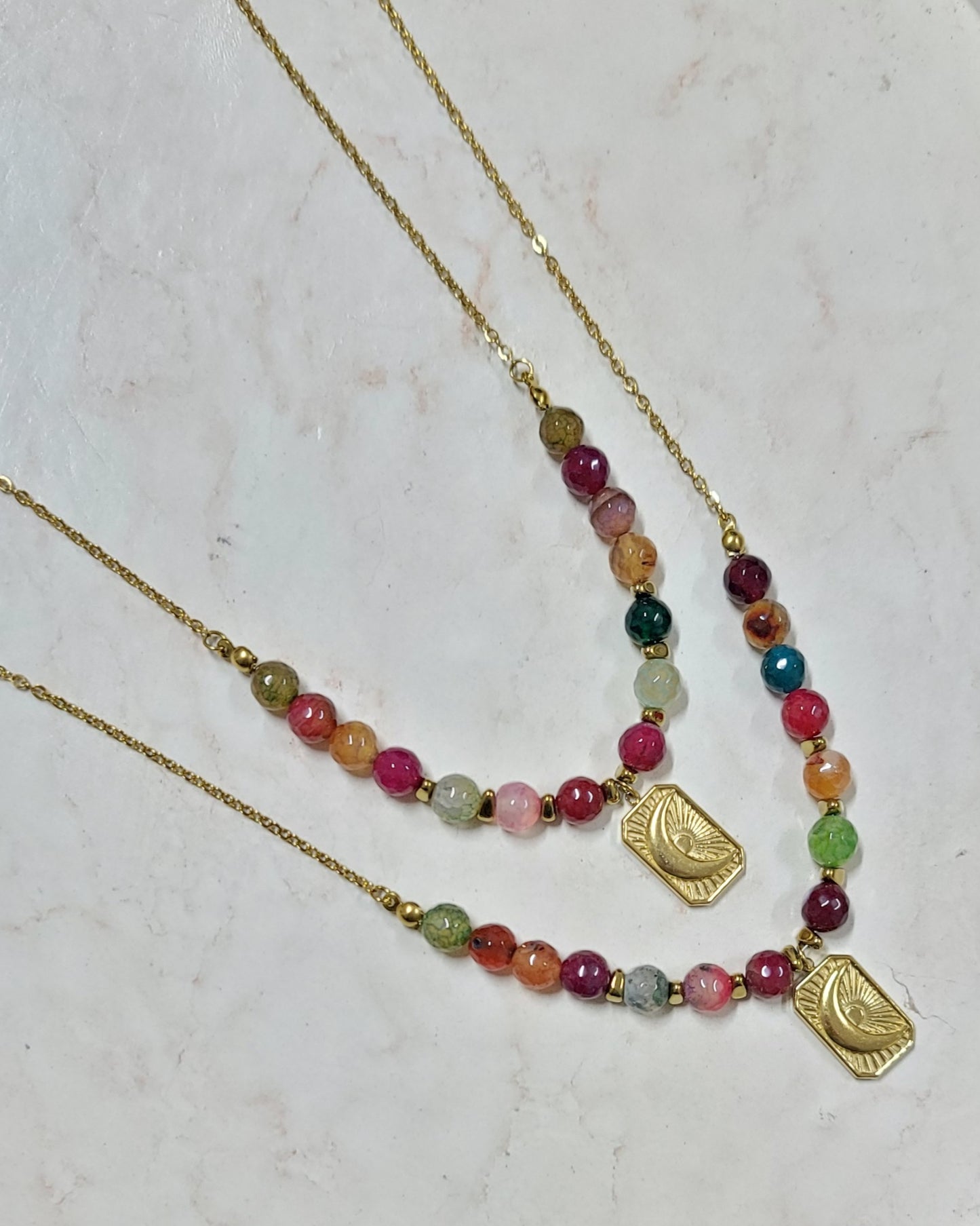 Multicolor Agate Necklace With Stainless Steel Pendant