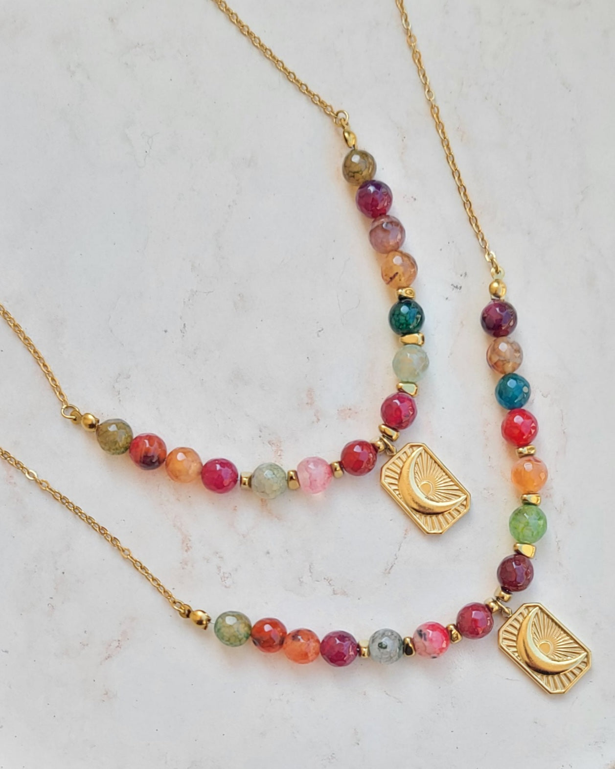 Multicolor Agate Necklace With Stainless Steel Pendant