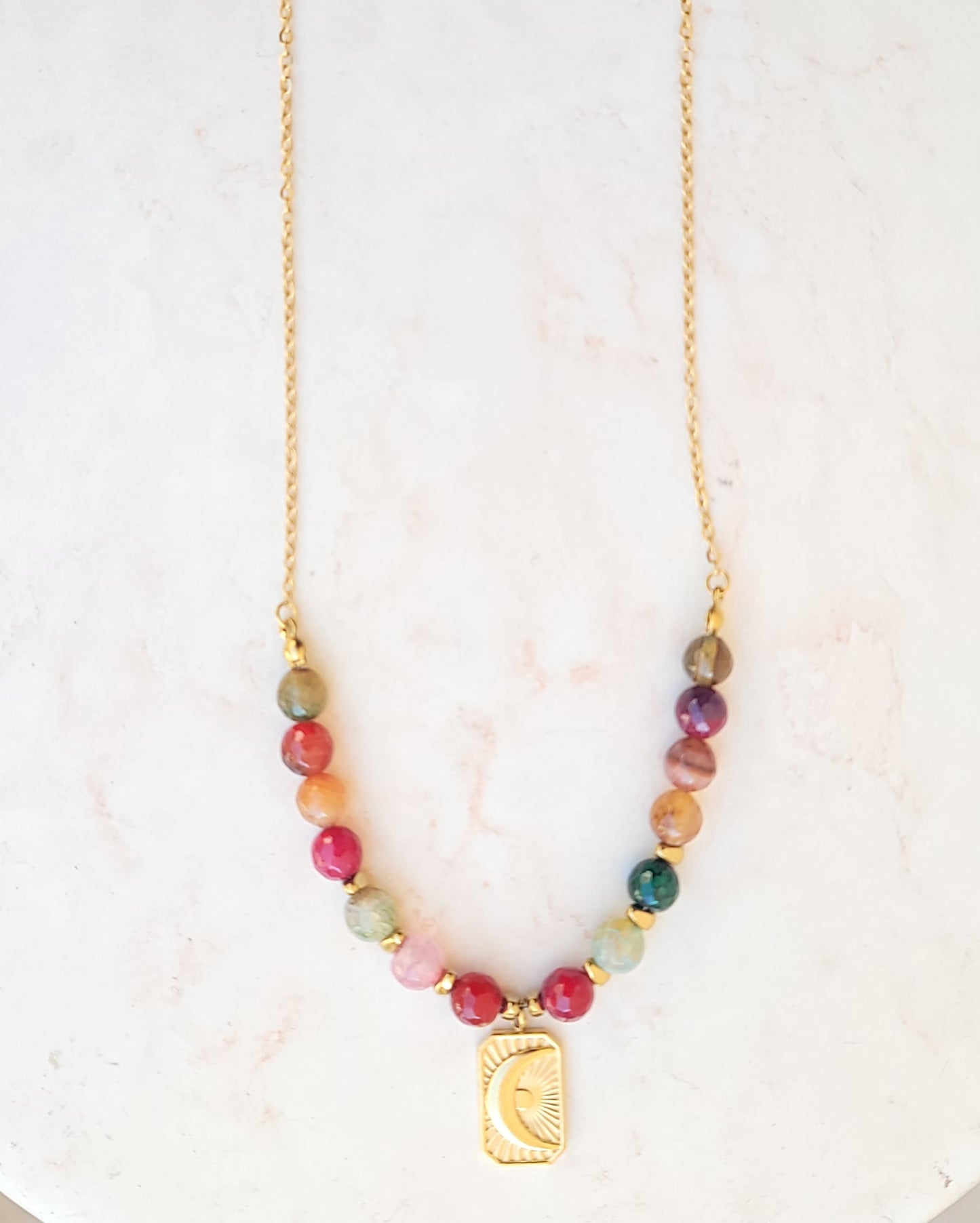 Multicolor Agate Necklace With Stainless Steel Pendant