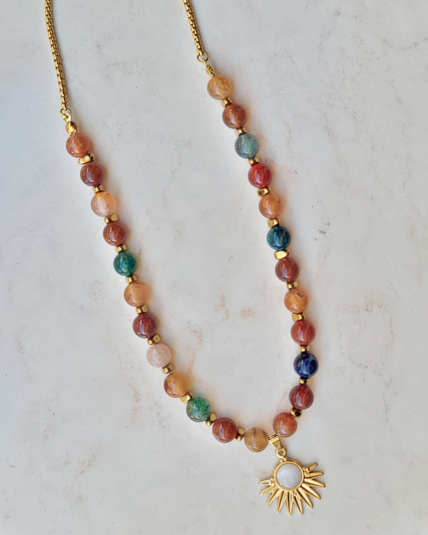 Multicolor Agate Necklace With Stainless Steel Pendant