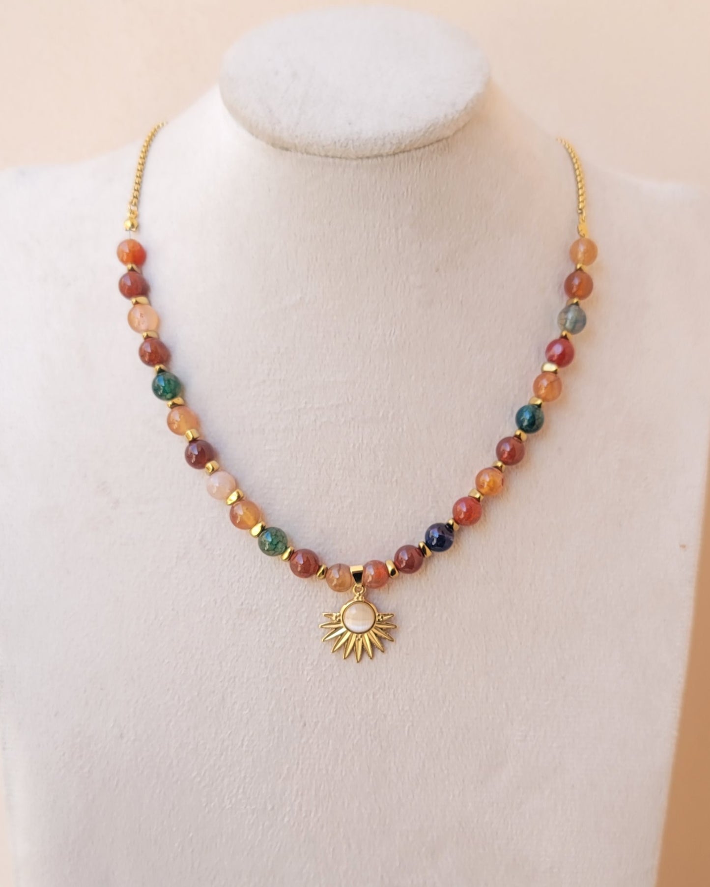 Multicolor Agate Necklace With Stainless Steel Pendant