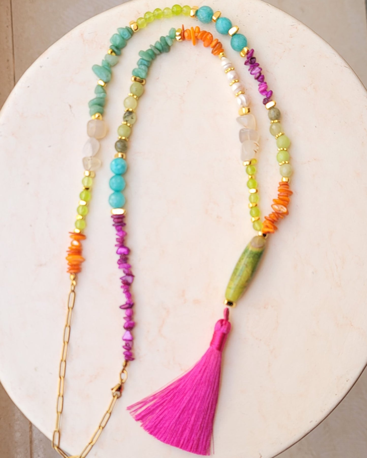 Agate & Natural Stones Long Necklace With Tassels