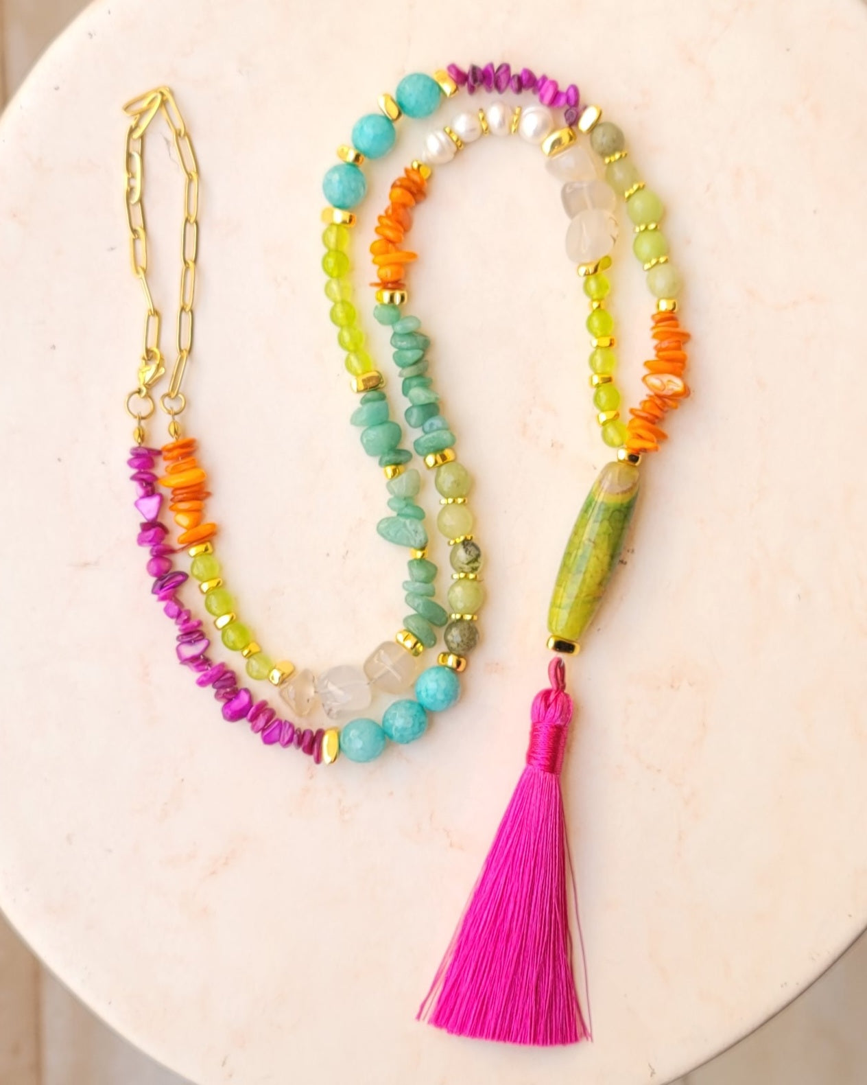 Agate & Natural Stones Long Necklace With Tassels