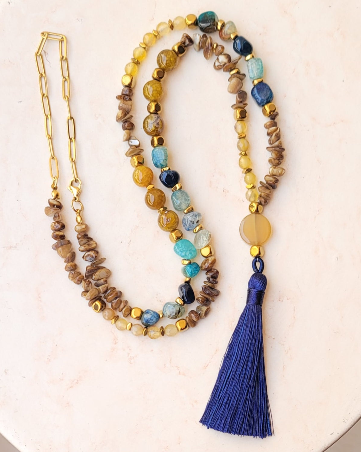 Agate & Natural Stones Long Necklace With Tassels