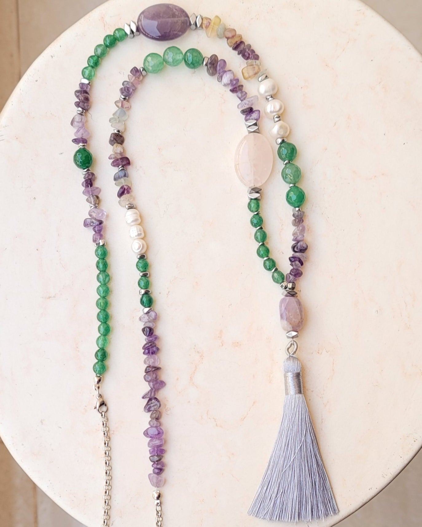 Amethyst & Fluorite Stones Long Necklace With Tassels