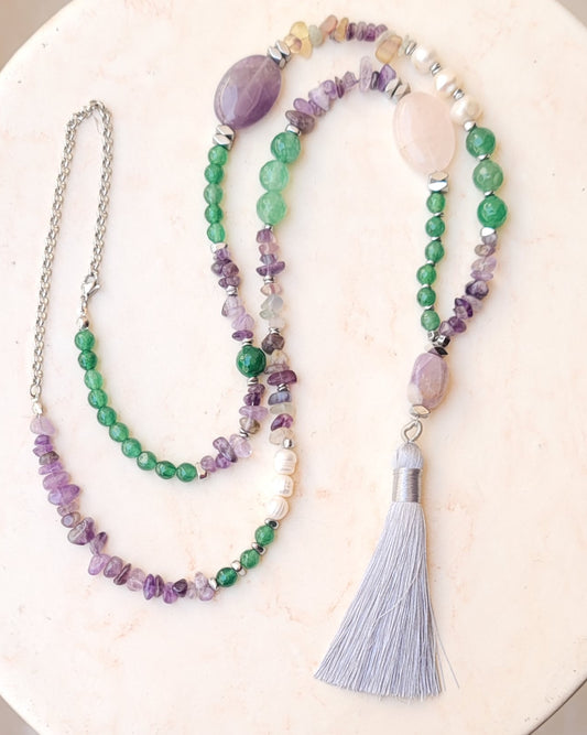 Amethyst & Fluorite Stones Long Necklace With Tassels