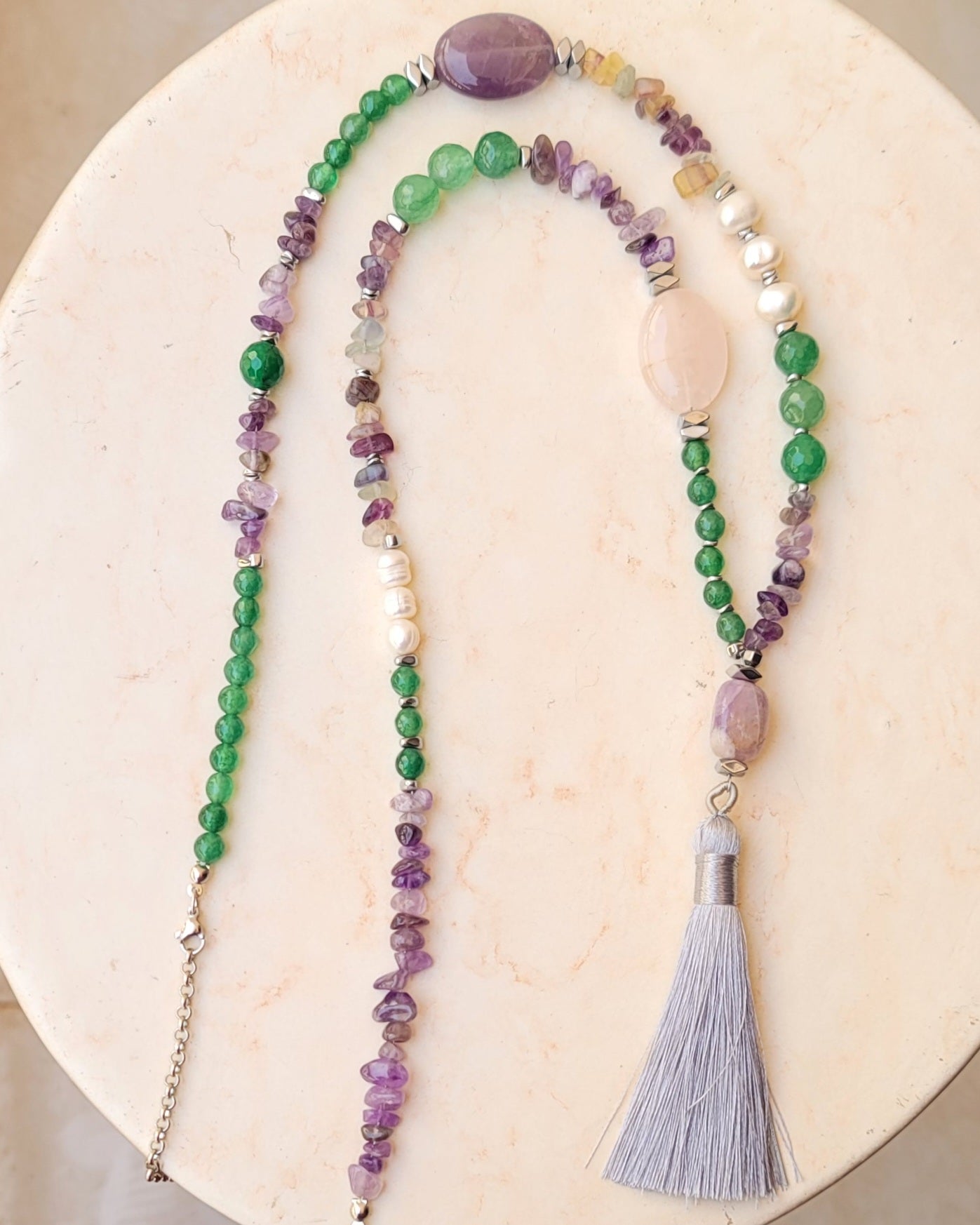 Amethyst & Fluorite Stones Long Necklace With Tassels