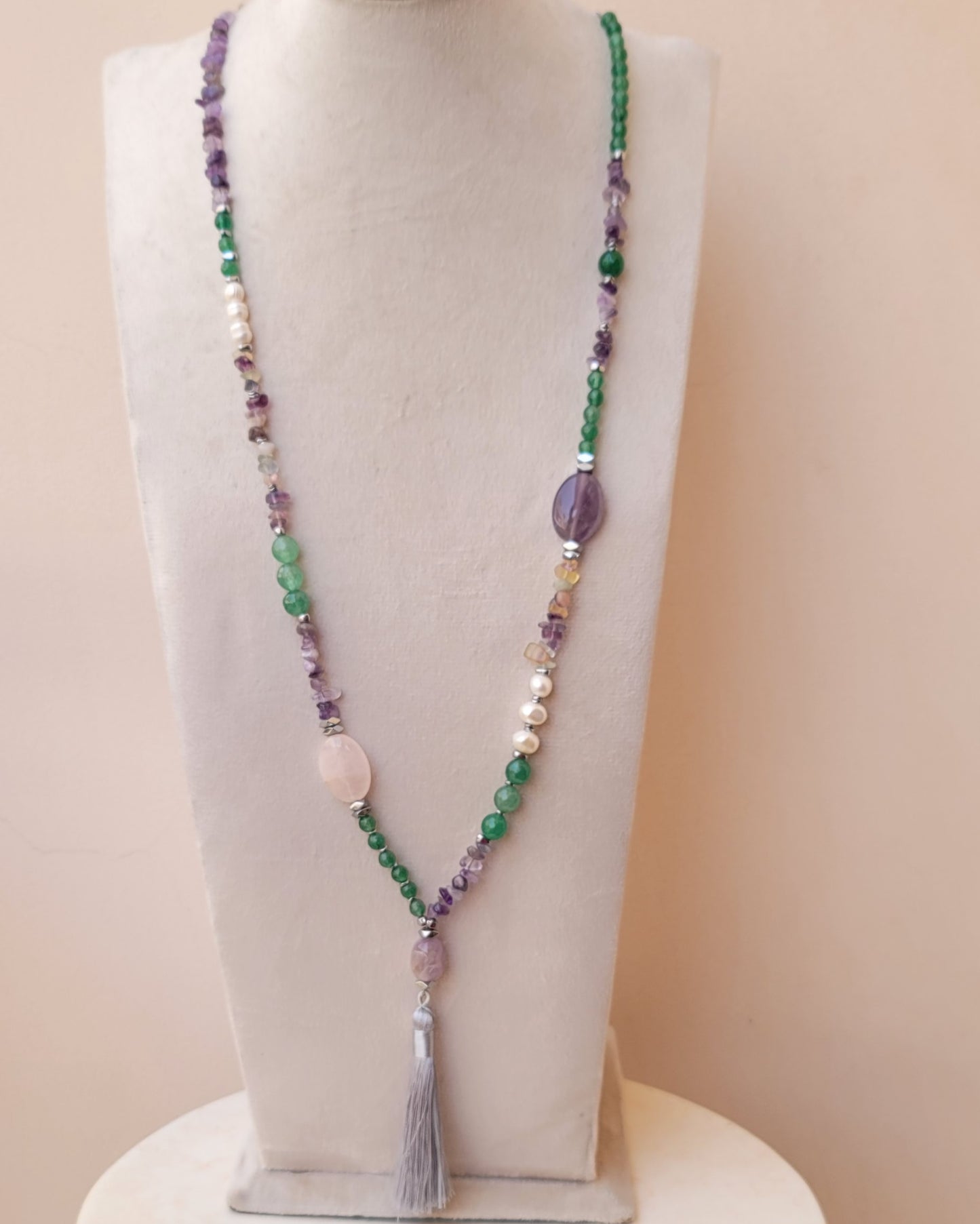 Amethyst & Fluorite Stones Long Necklace With Tassels