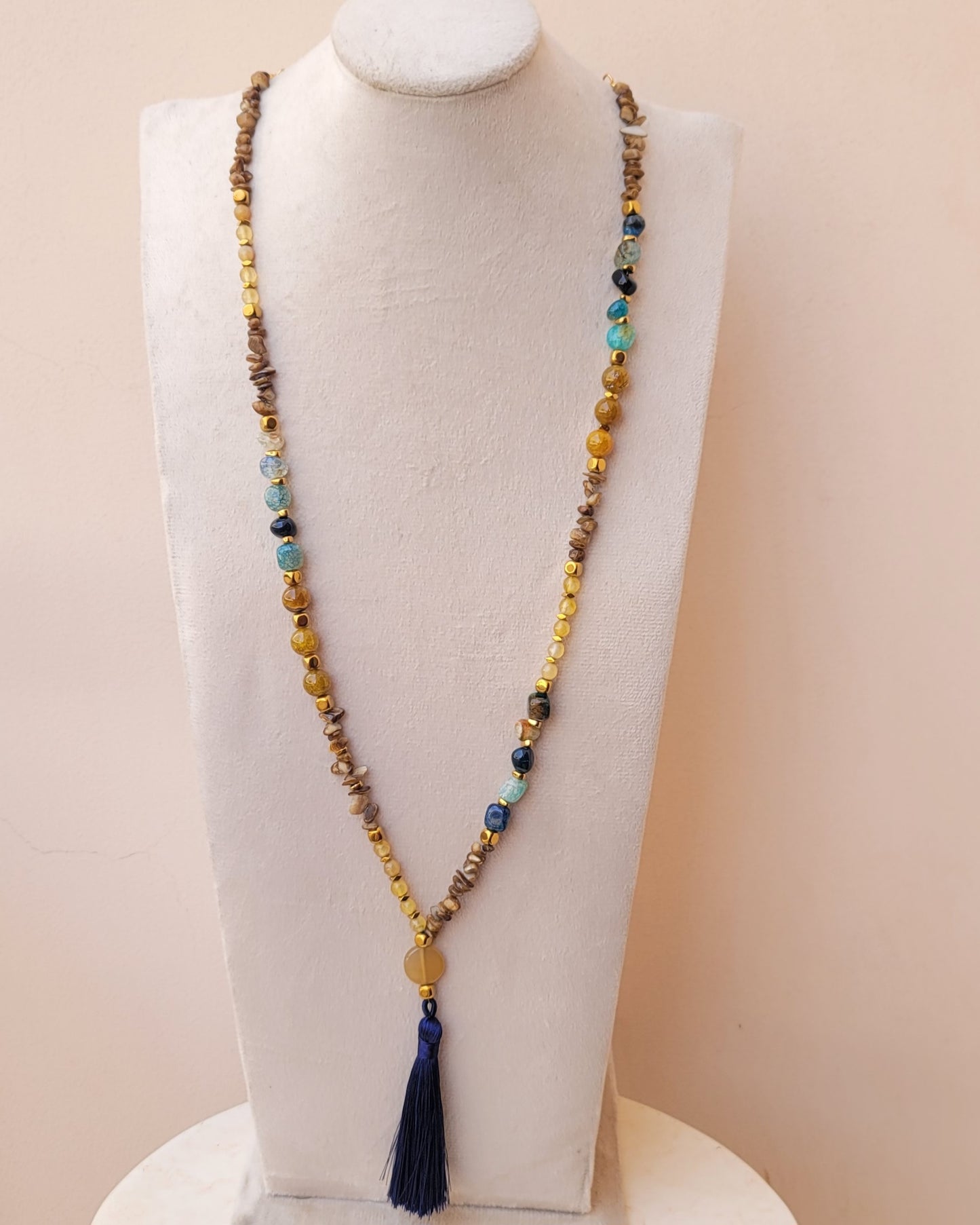 Agate & Natural Stones Long Necklace With Tassels