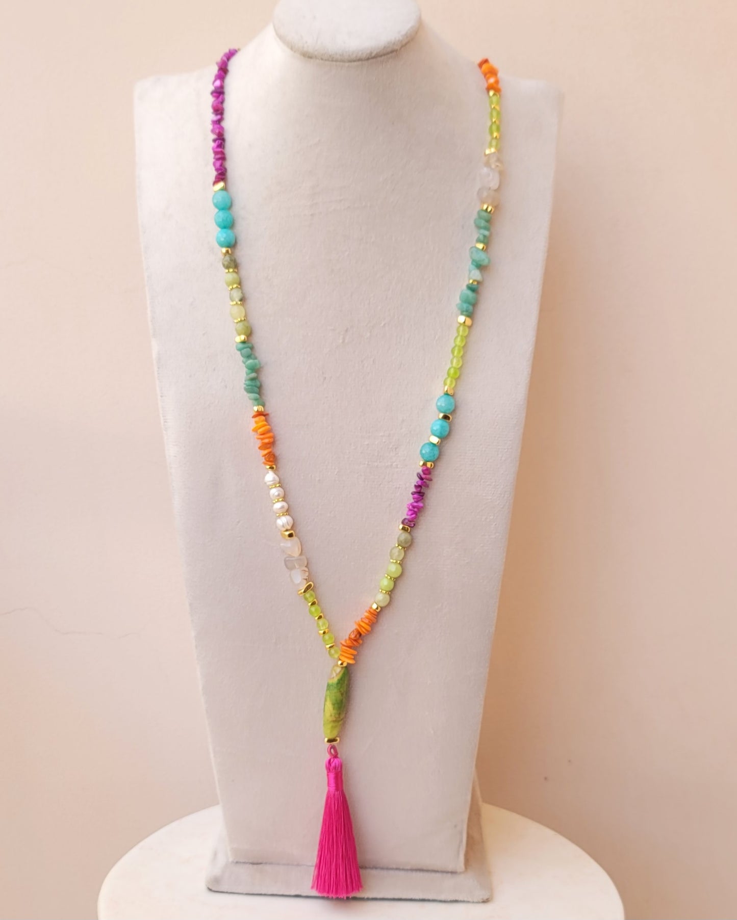 Agate & Natural Stones Long Necklace With Tassels