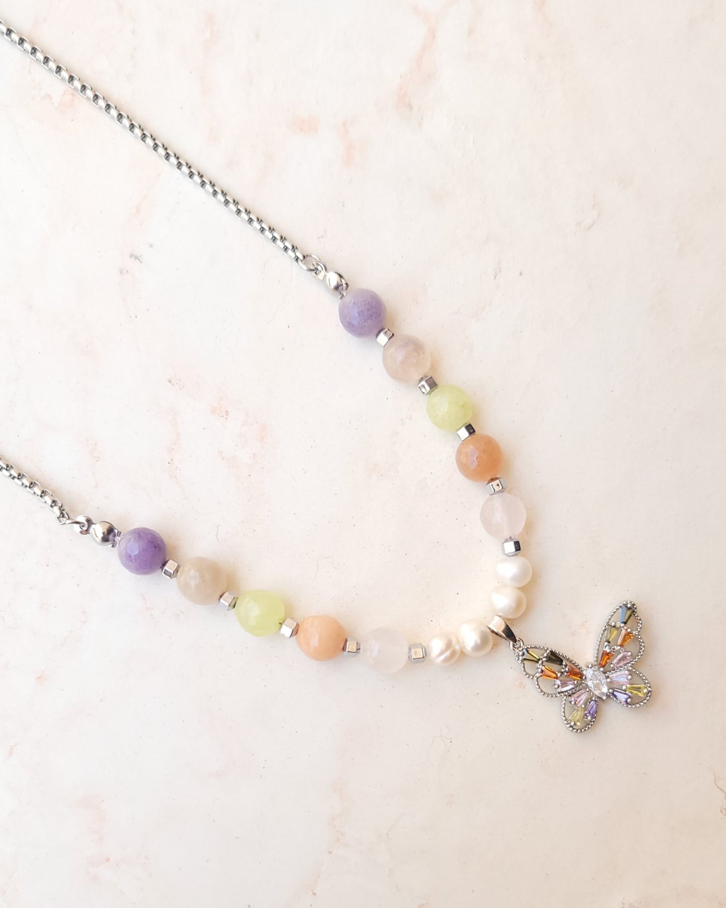 Multicolor Agate Necklace With Silver Plated Pendant
