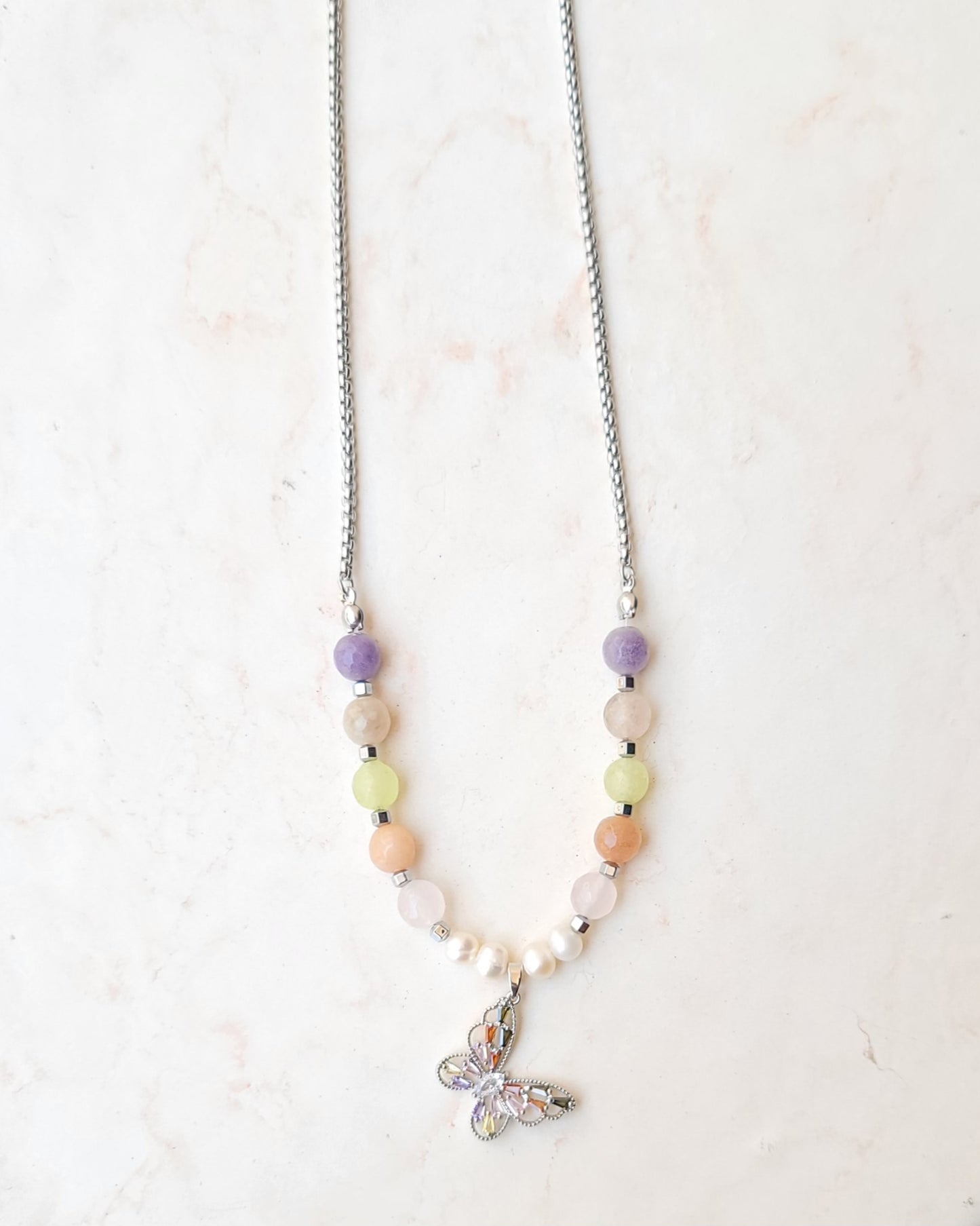 Multicolor Agate Necklace With Silver Plated Pendant
