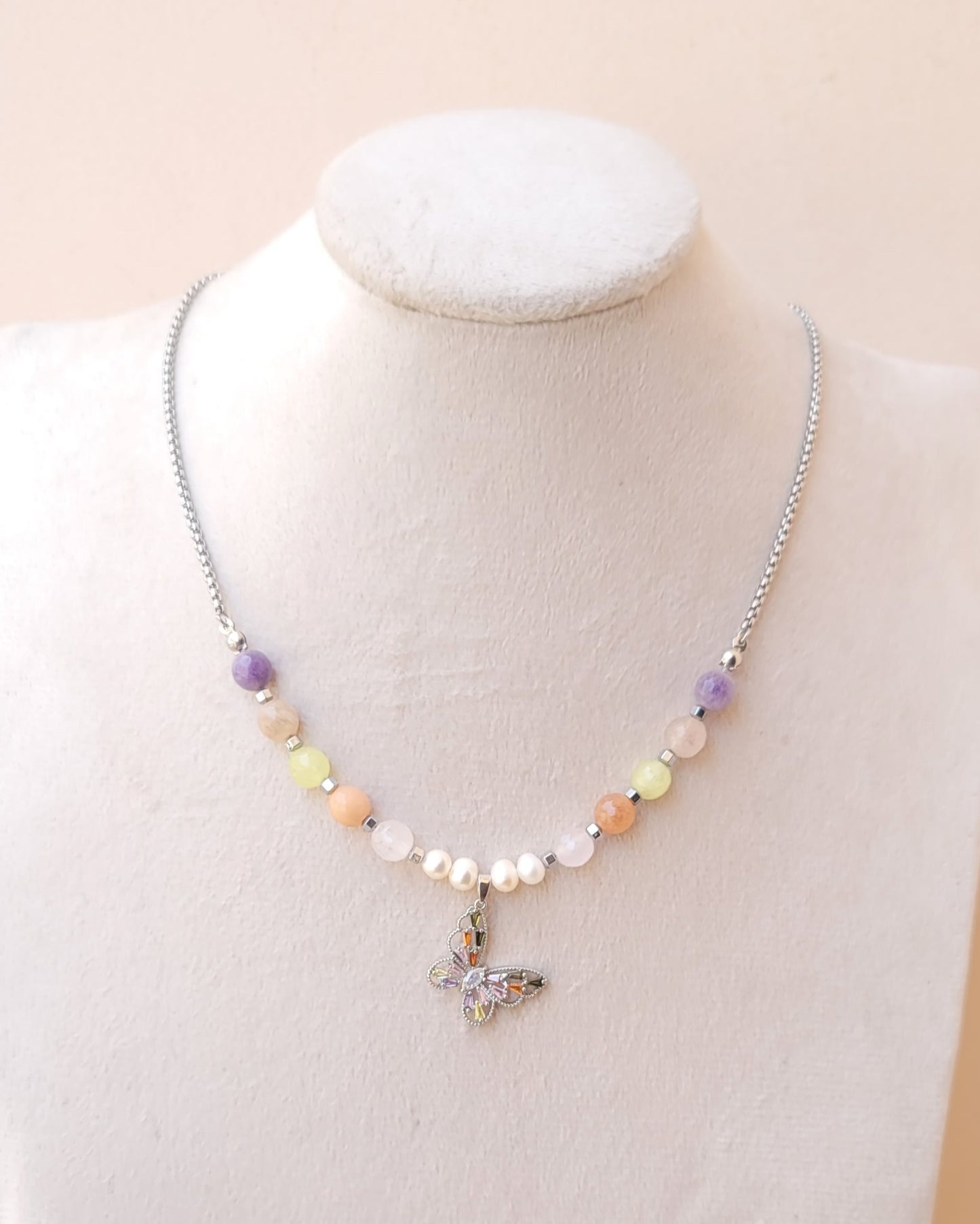 Multicolor Agate Necklace With Silver Plated Pendant
