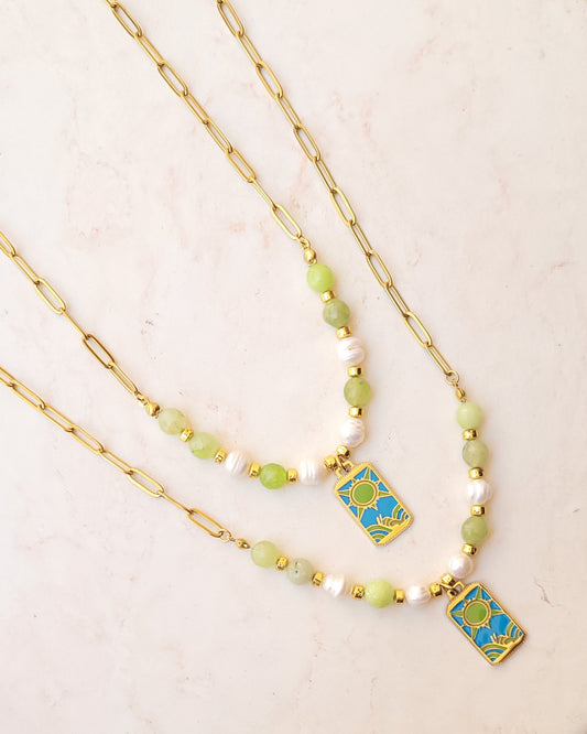 Agate & Freshwater Pearls Necklace With Stainless Steel Sun Pendant