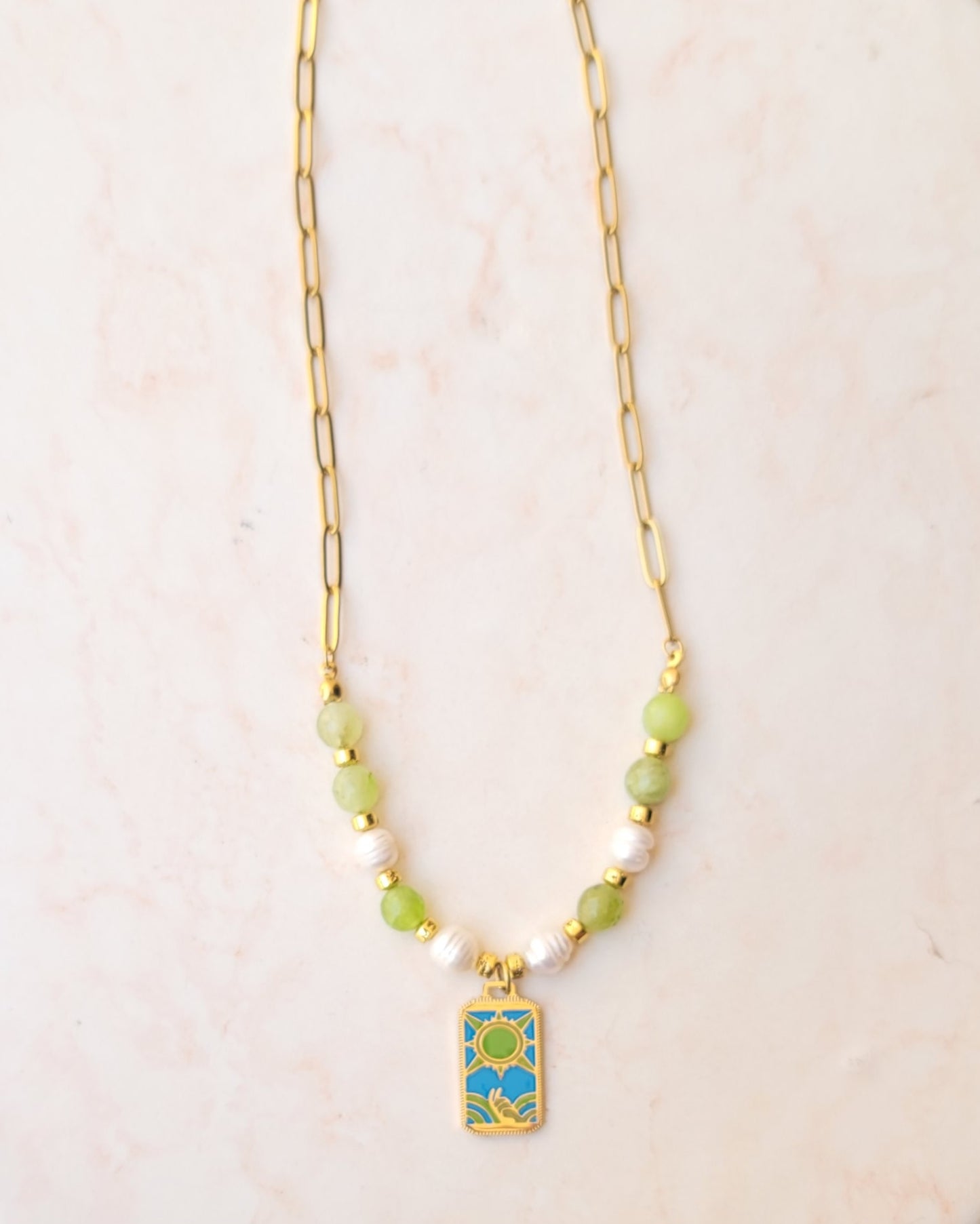 Agate & Freshwater Pearls Necklace With Stainless Steel Sun Pendant