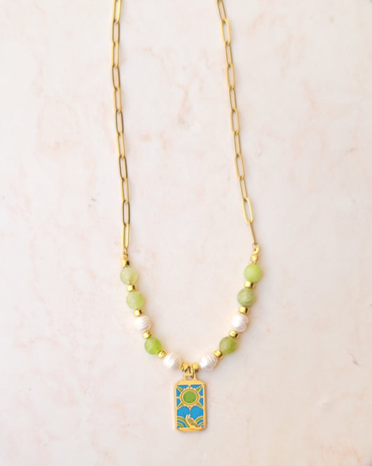 Agate & Freshwater Pearls Necklace With Stainless Steel Sun Pendant