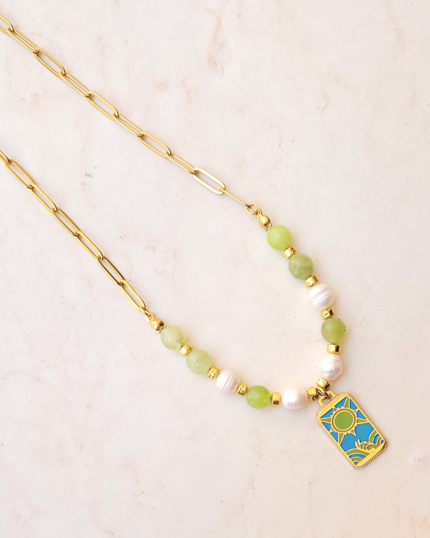Agate & Freshwater Pearls Necklace With Stainless Steel Sun Pendant