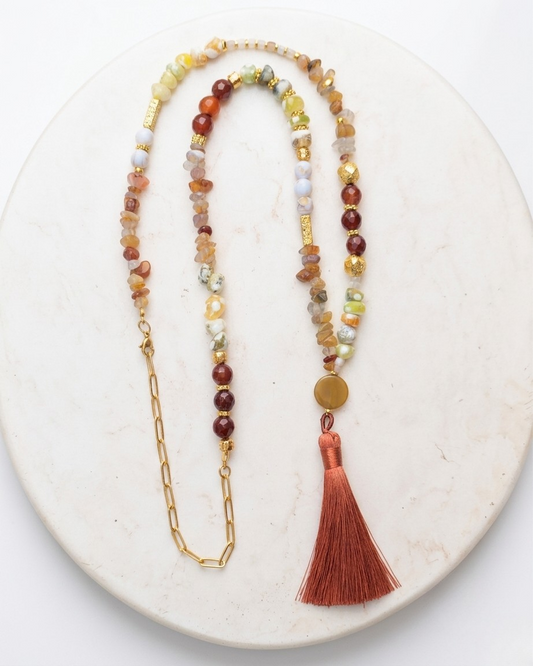 Agate & Natural Stones Long Necklace With Tassels