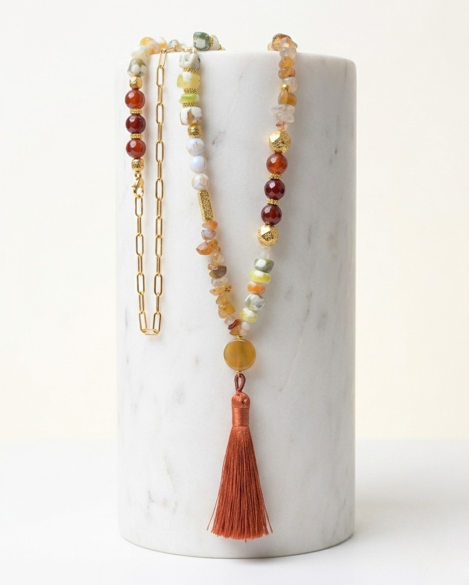 Agate & Natural Stones Long Necklace With Tassels