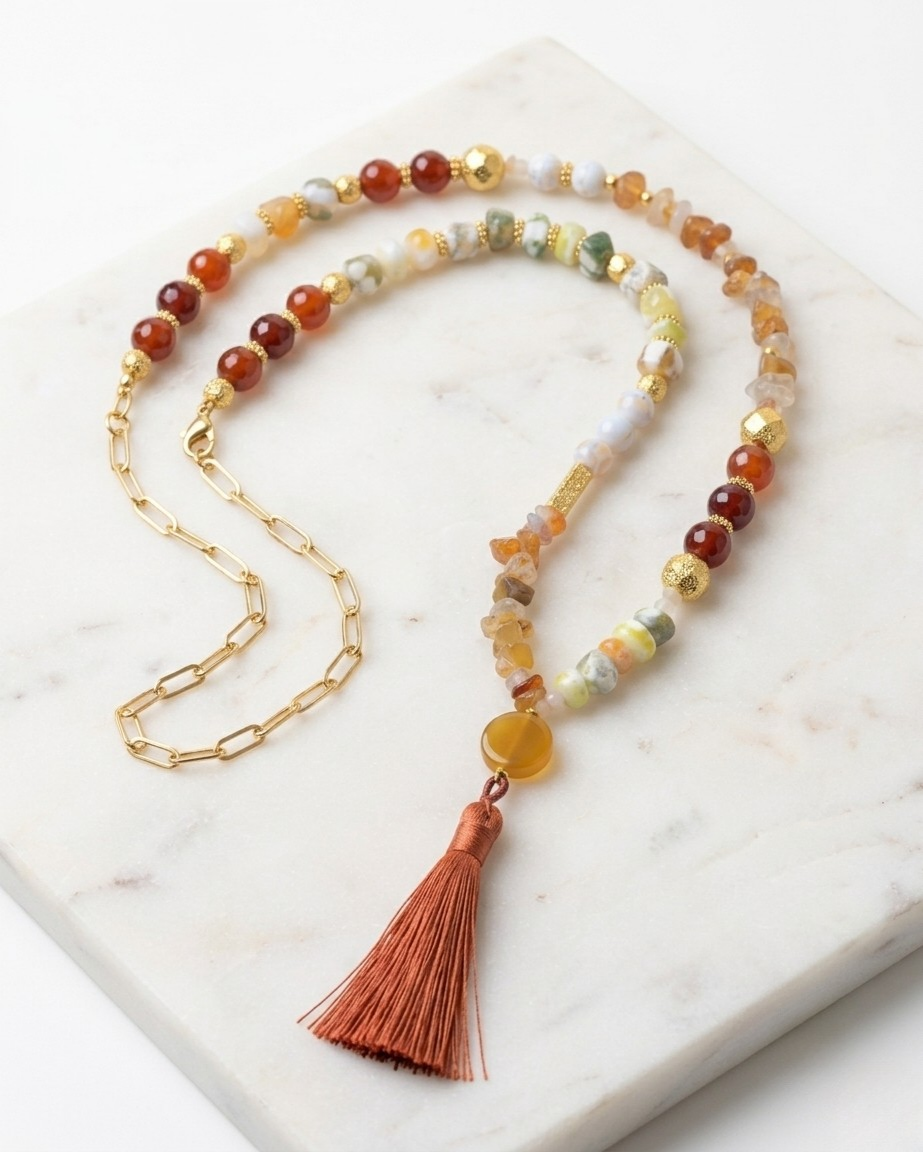Agate & Natural Stones Long Necklace With Tassels