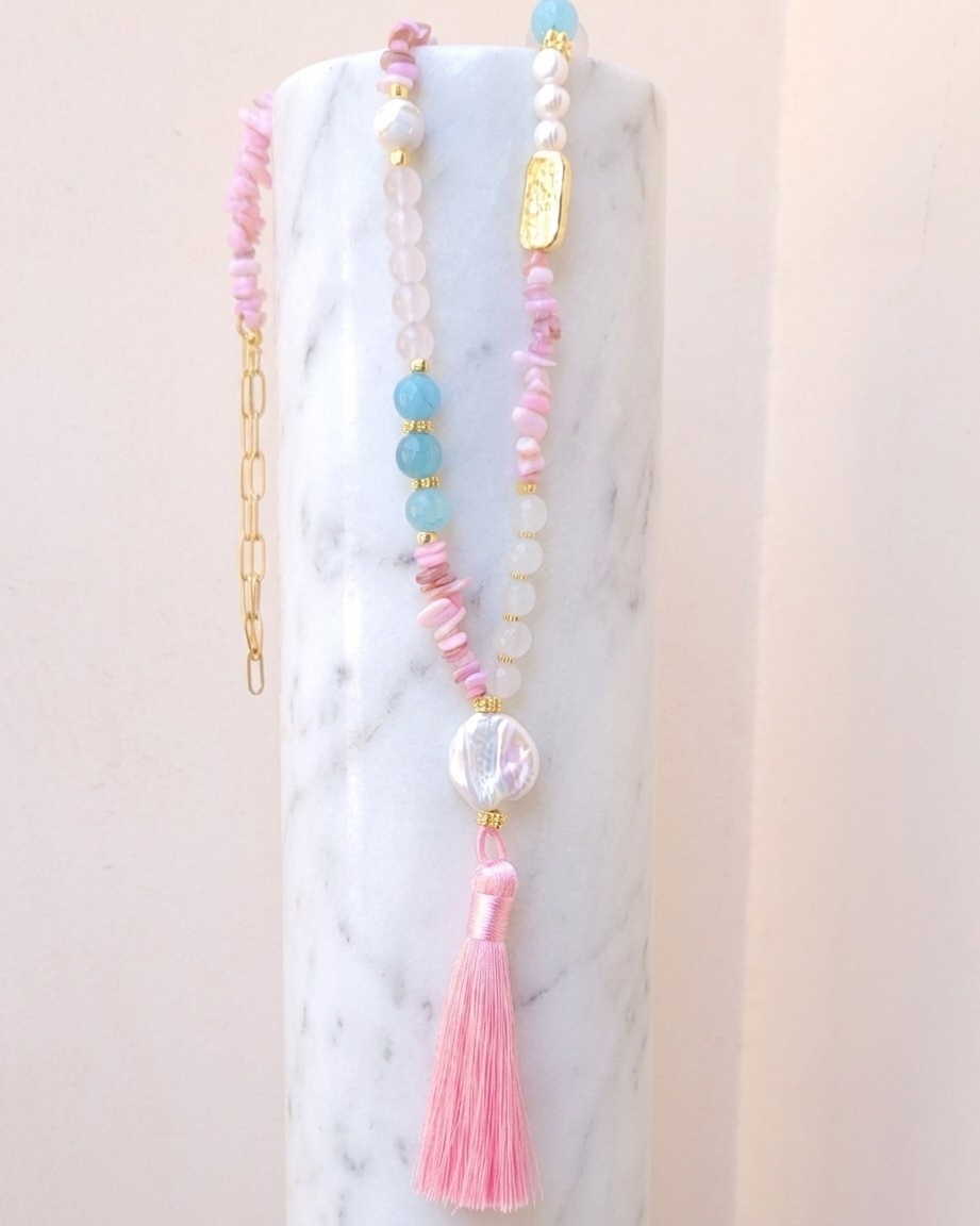Agate & Natural Stones Long Necklace With Tassels