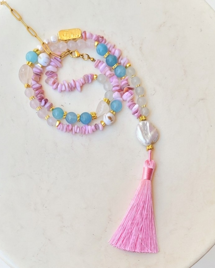 Agate & Natural Stones Long Necklace With Tassels