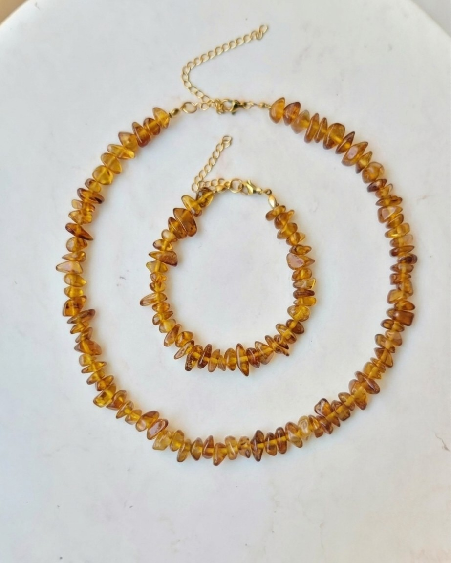 Stone Chips Choker & Bracelet Set - Amber