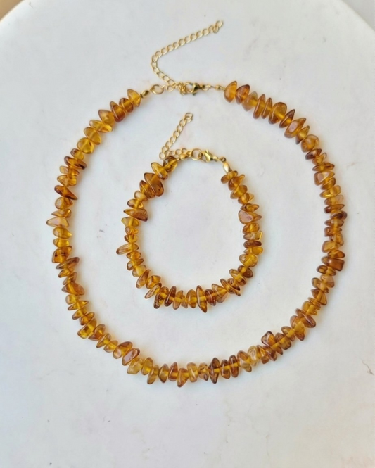 Stone Chips Choker & Bracelet Set - Amber