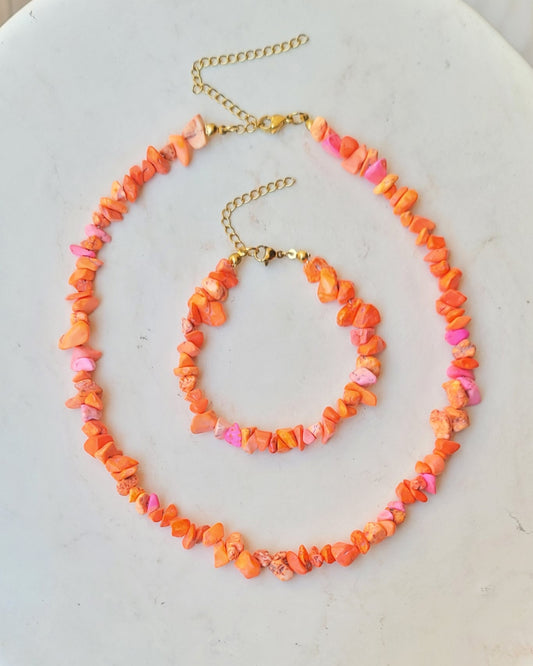 Stone Chips Choker & Bracelet Set - Hot Orange