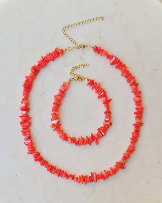 Stone Chips Choker & Bracelet Set - Coral Red