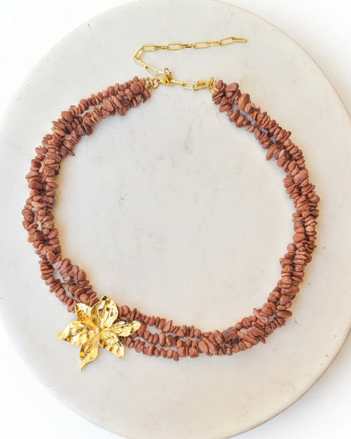 Three Layers Gold Sandstone Chips Necklace