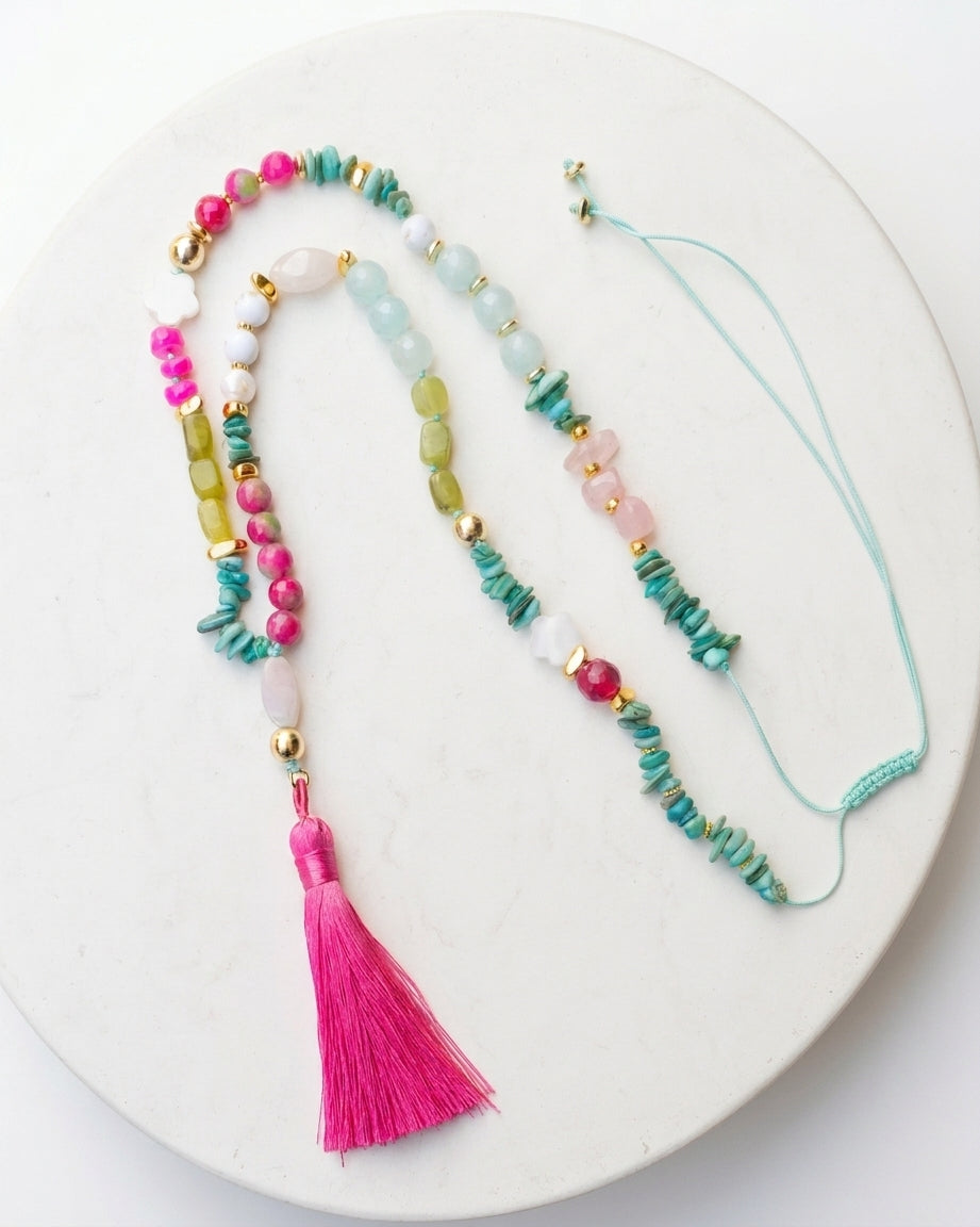 Natural Stones Long Thread Necklace With Tassels