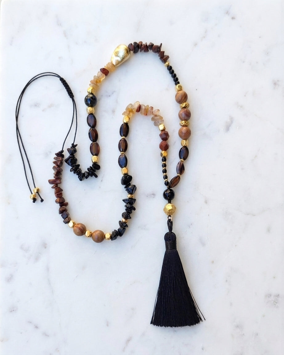 Natural Stones Long Thread Necklace With Tassels