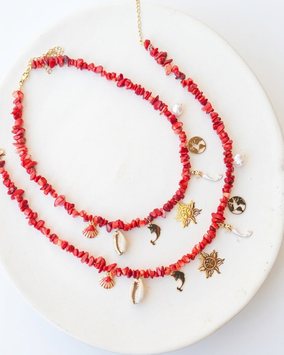 Red Coral Choker With Charms