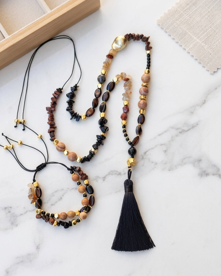 Natural Stones Long Thread Necklace With Tassels
