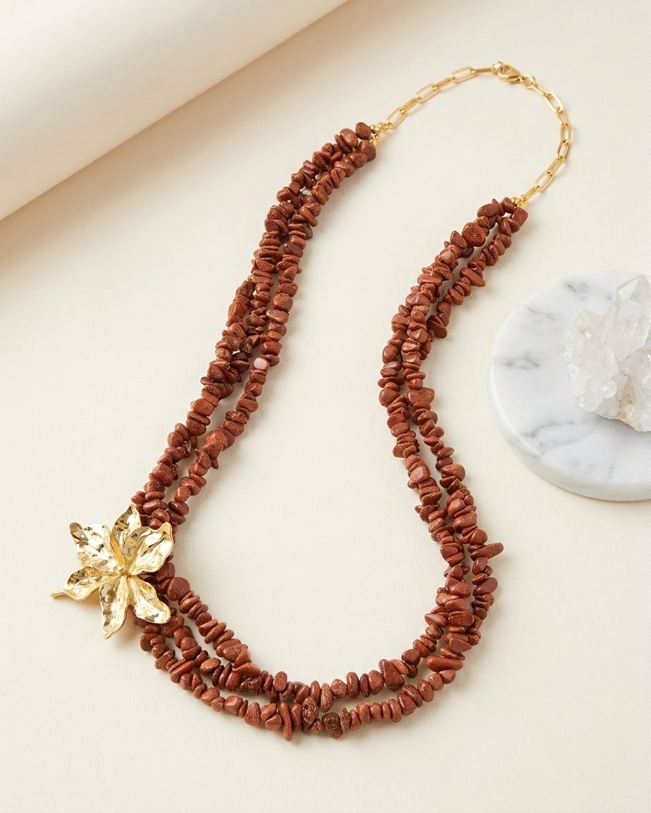 Three Layers Gold Sandstone Chips Necklace