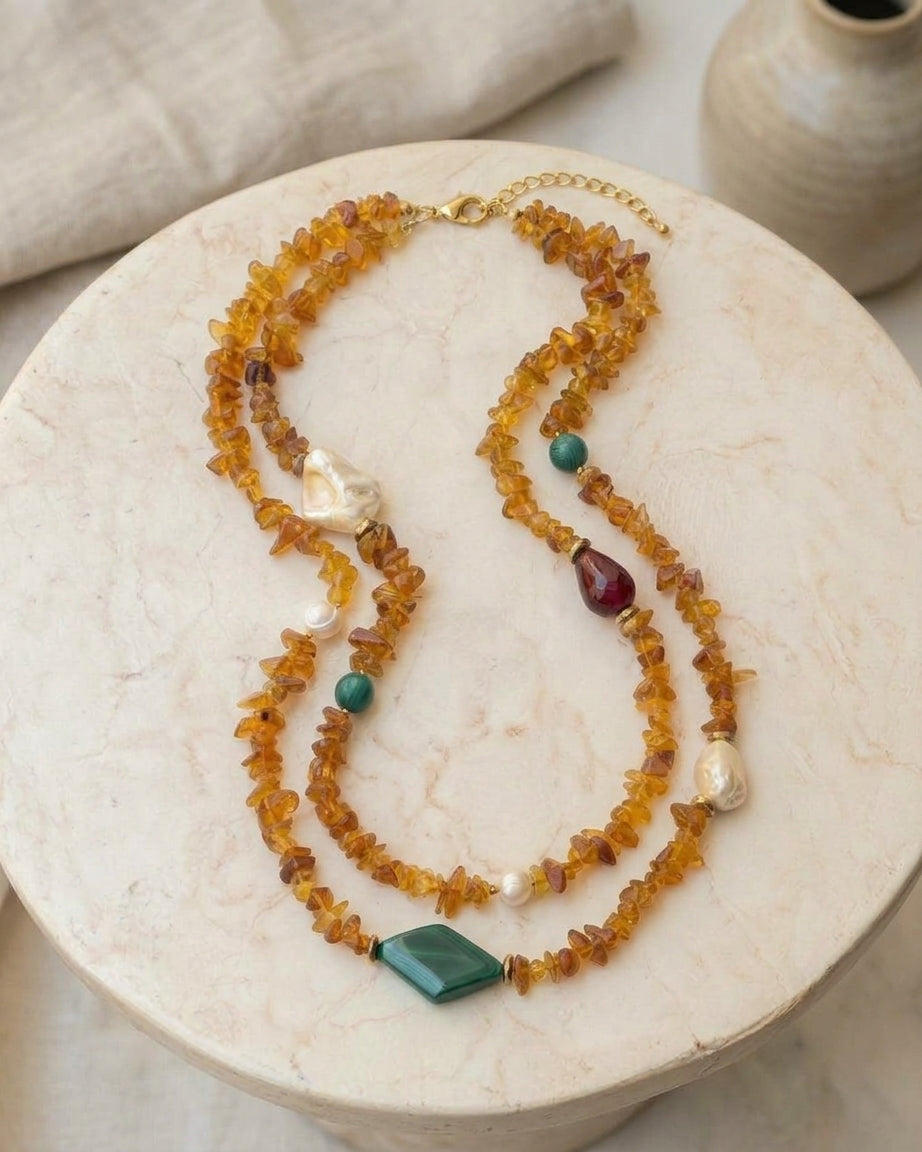 Two Layers Amber Necklace & Stainless Steel Chain