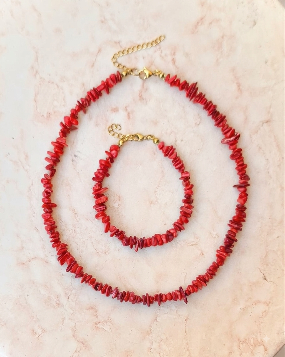 Stone Chips Choker & Bracelet Set - Coral Red