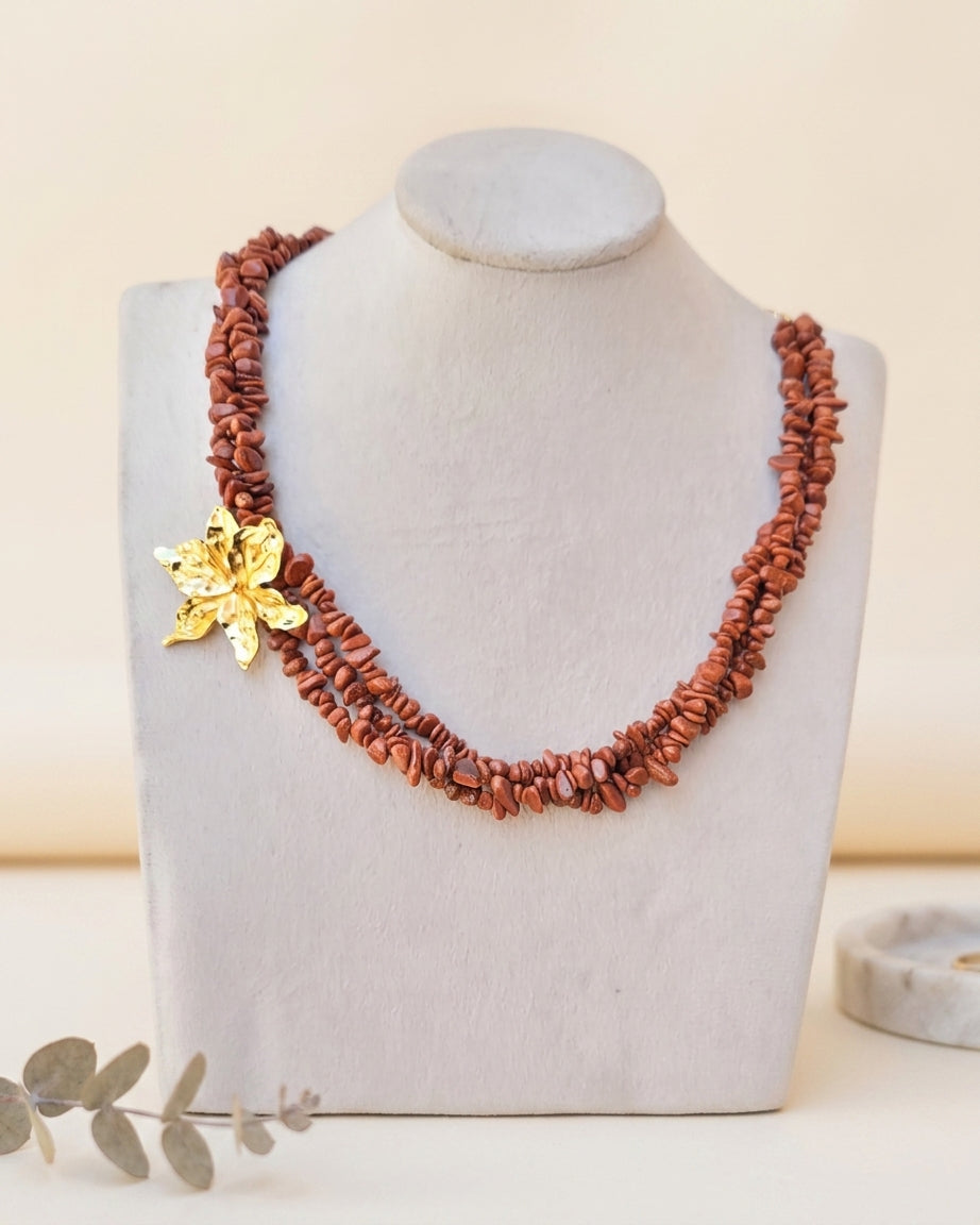 Three Layers Gold Sandstone Chips Necklace