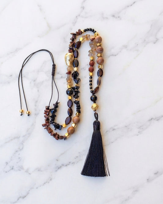 Natural Stones Long Thread Necklace With Tassels
