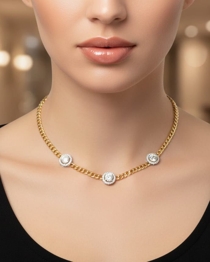 Gold Plated Stainless Steel Necklace With Zircon Stones