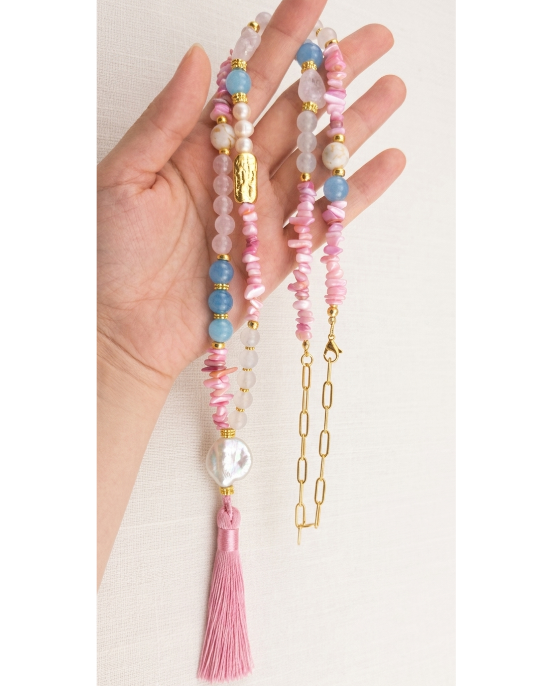 Agate & Natural Stones Long Necklace With Tassels