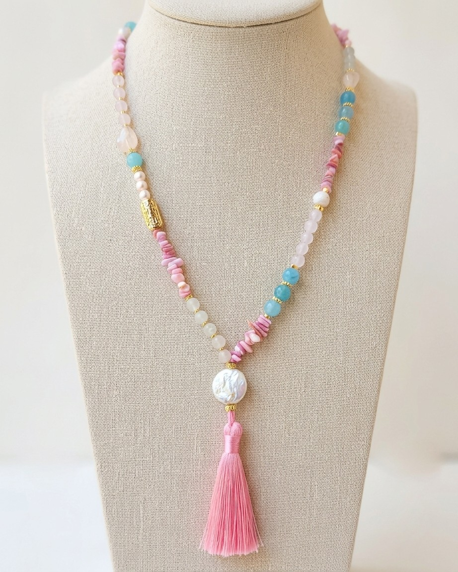 Agate & Natural Stones Long Necklace With Tassels