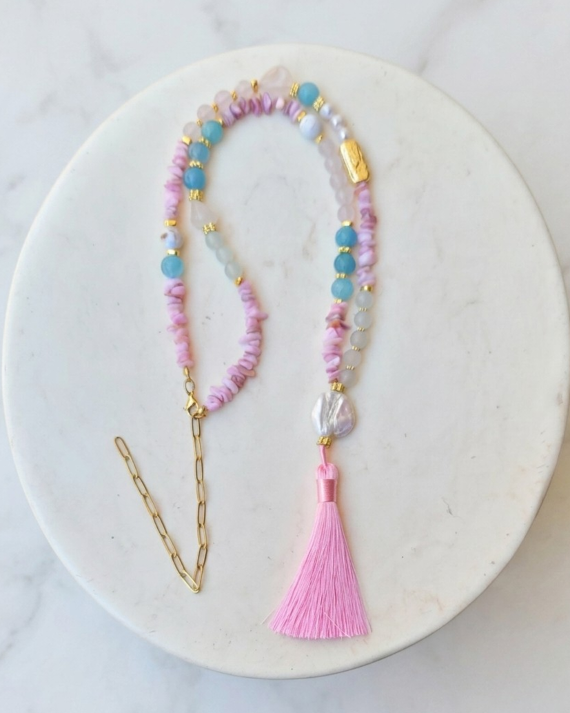 Agate & Natural Stones Long Necklace With Tassels