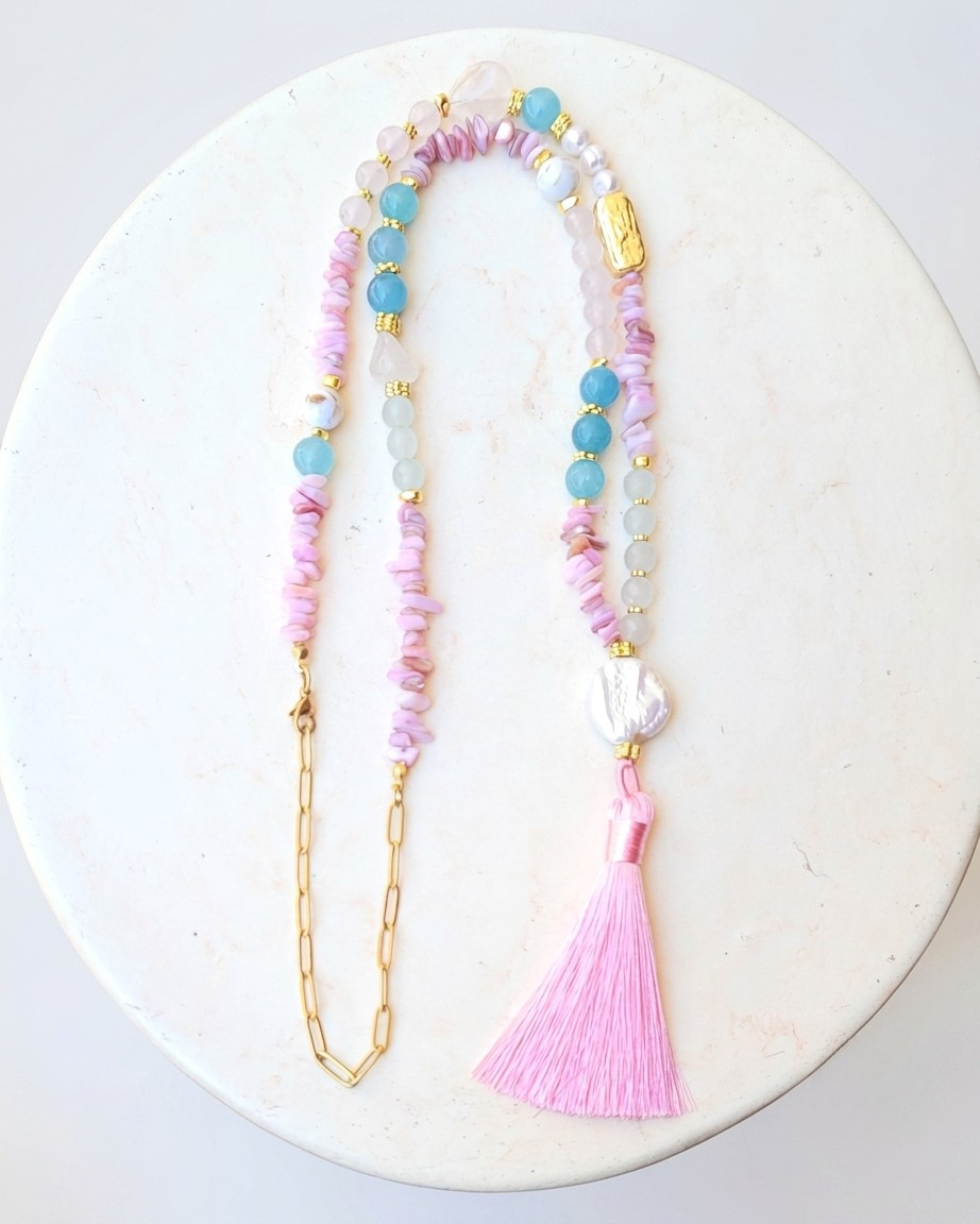 Agate & Natural Stones Long Necklace With Tassels