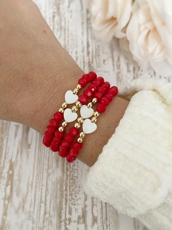Red Crystal Bracelet With White Hearts