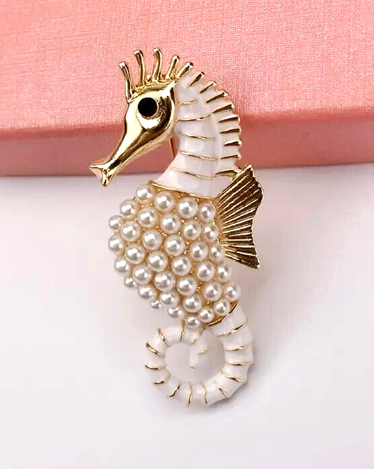 Seahorse Pearls Brooch - White